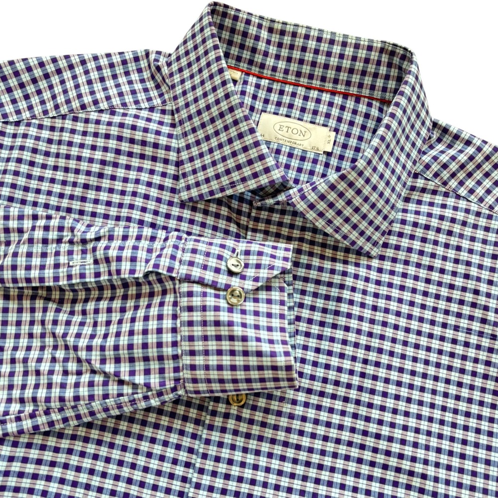 Eton Dress Shirt Mens 17.5 XL Purple Plaid Contemporary Business Designer Luxury